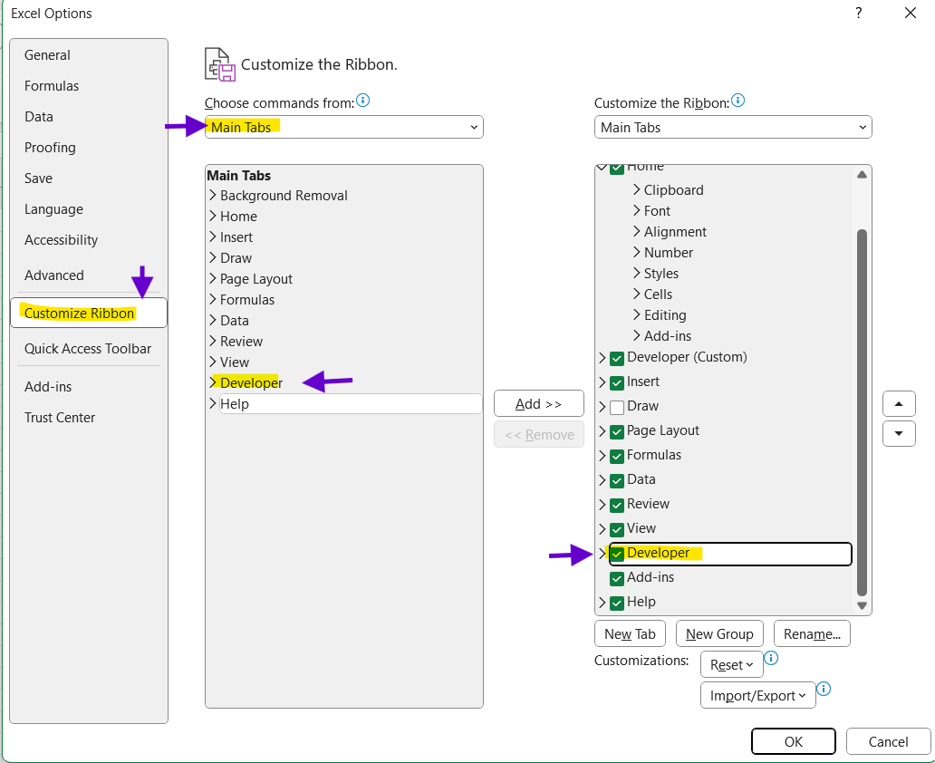 how to enable the developer tab in excel